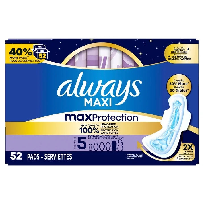 Always Maxi Overnight Pads Size 5 Unscented 52 Count