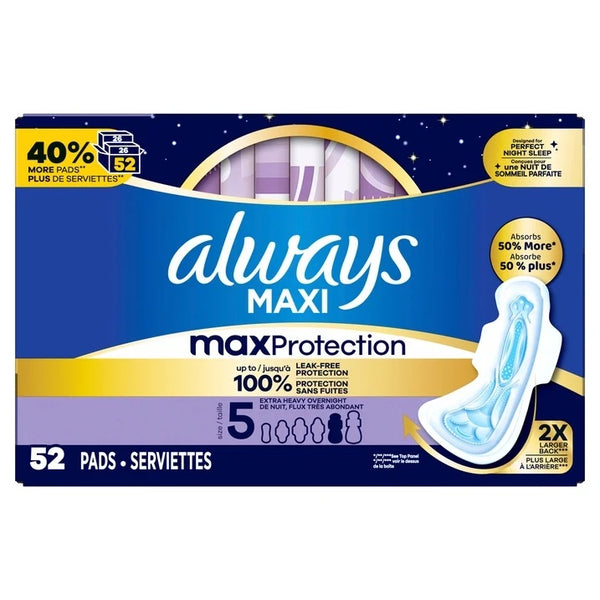Always Maxi Overnight Pads Size 5 Unscented 52 Count