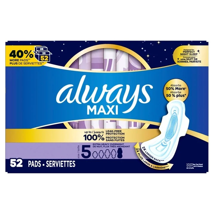 Always Maxi Overnight Pads Size 5 Unscented 52 Count