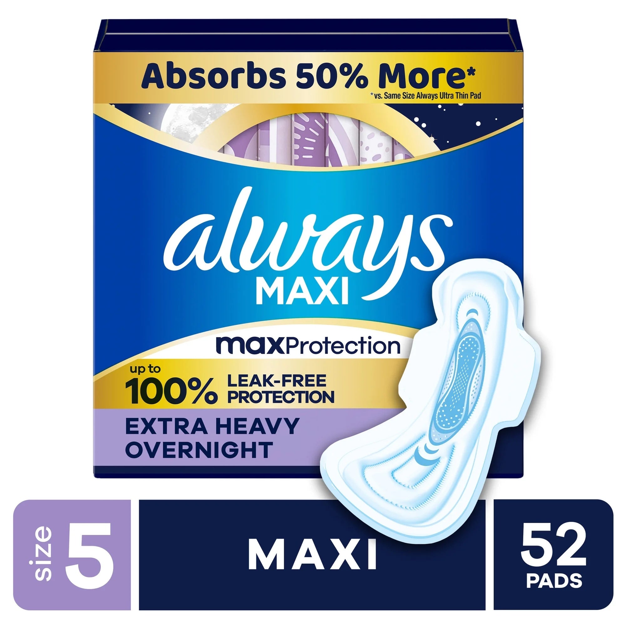 Always Maxi Overnight Pads Size 5 Unscented 52 Count