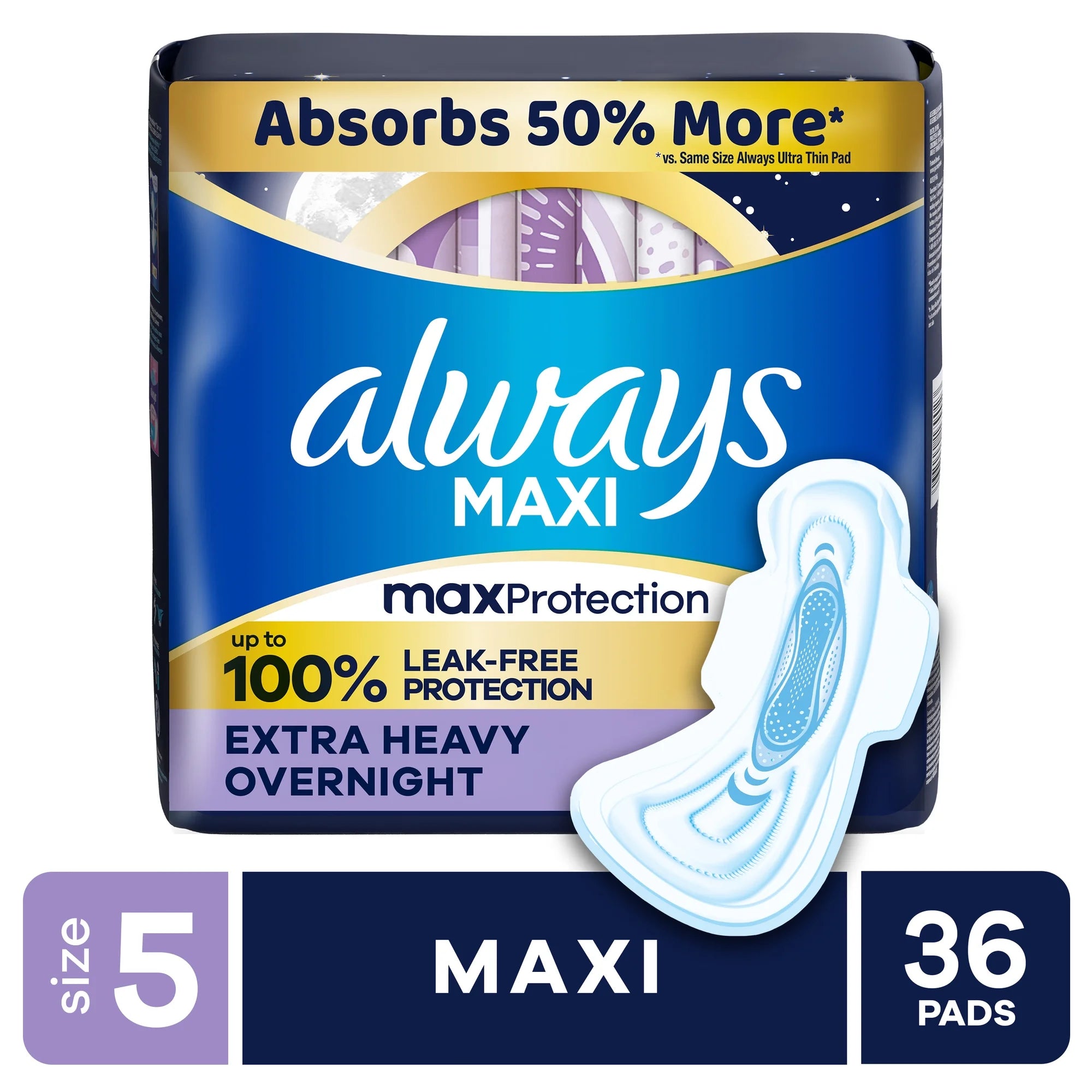 Always Maxi Overnight Pads Size 5 Unscented 52 Count